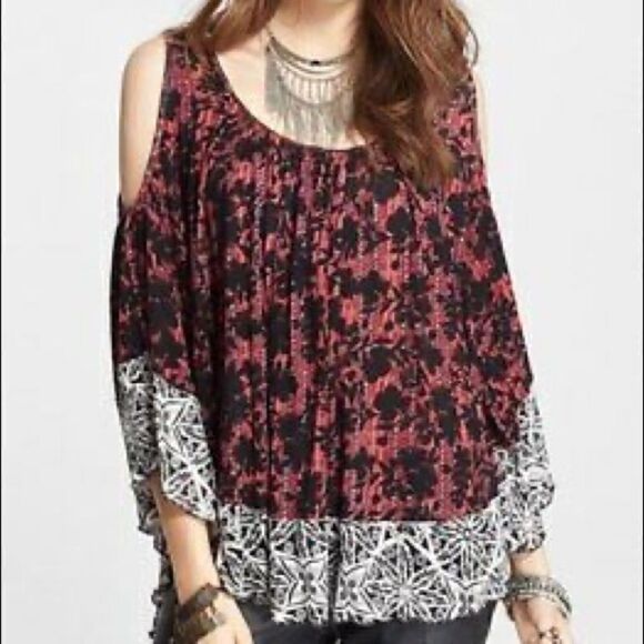 Free People Red Black Cold Shoulder Top - Picture 1 of 10